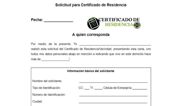 Formato de solicitud de Certificado de Residencia 2023